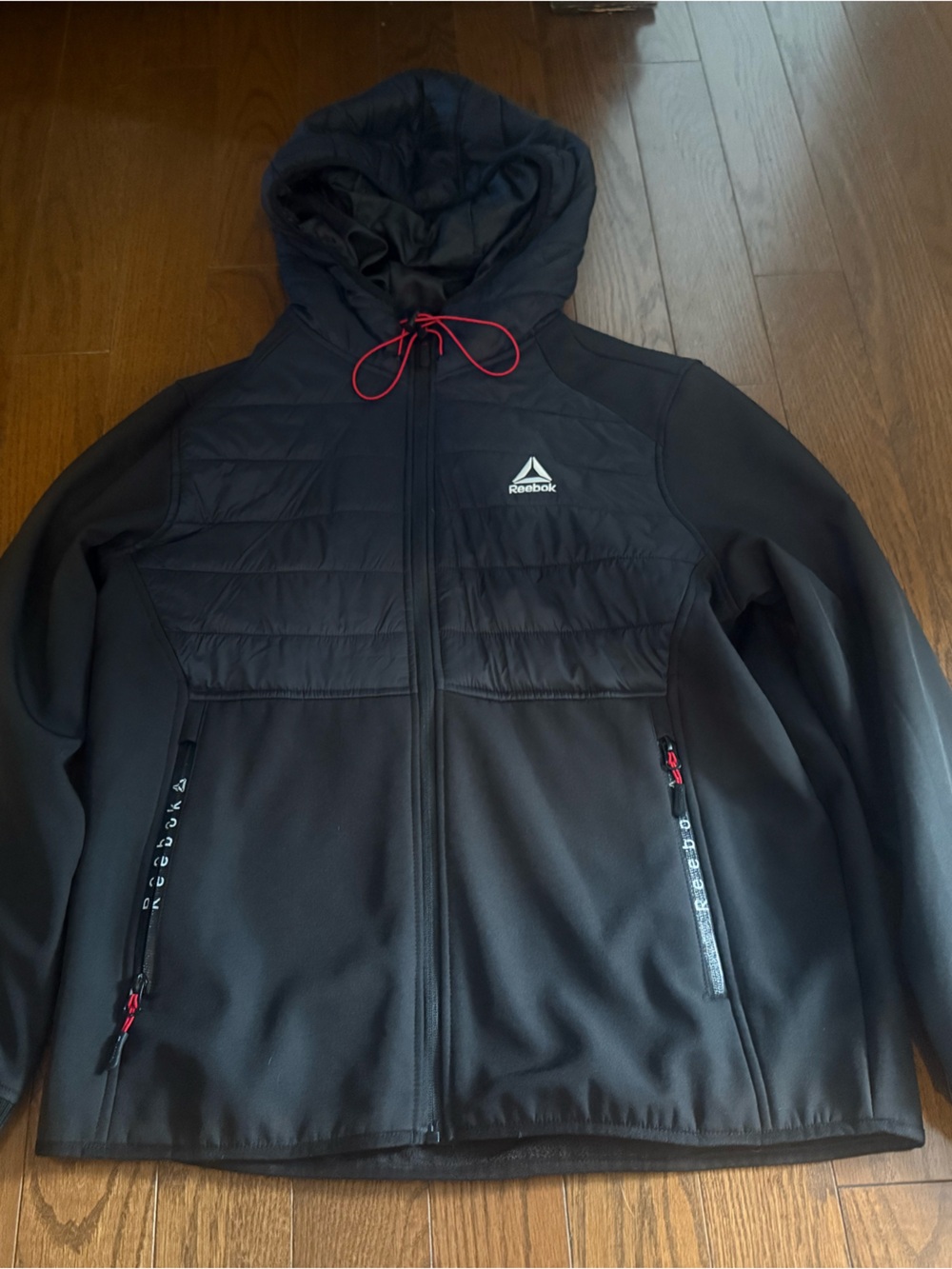 Reebok Men's Black Hooded Softshell Jacket with Red Accents